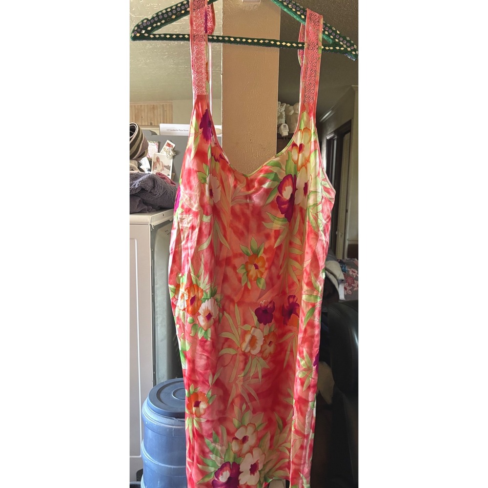 LA Intimates Pink Tropical Floral Satin Chemise Nightgown Lace Trim Plus